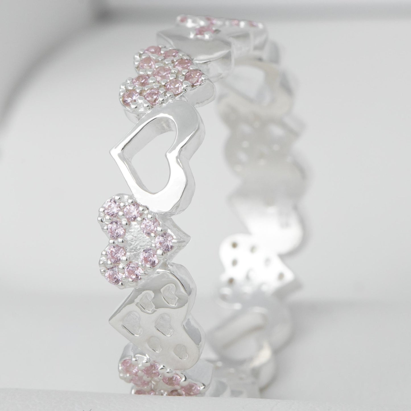 Anneau (deux tiers) en argent 3D "First love" serti de zircons roses- Taille 52 - Seconde main