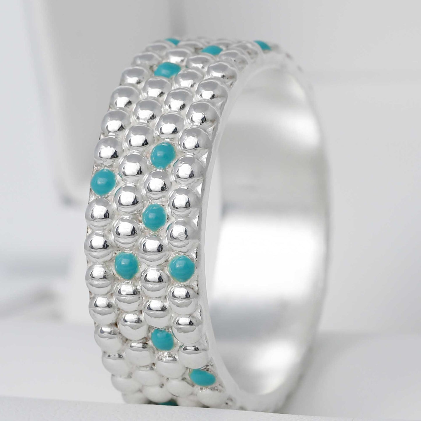 Anneau (Addon entier) en argent et email turquoise "Rivière de perles" taille 56 - Seconde main