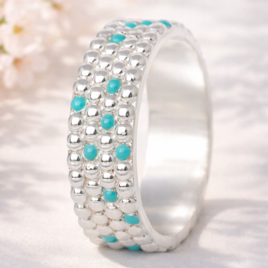 Anneau (Addon entier) en argent et email turquoise "Rivière de perles" taille 56 - Seconde main