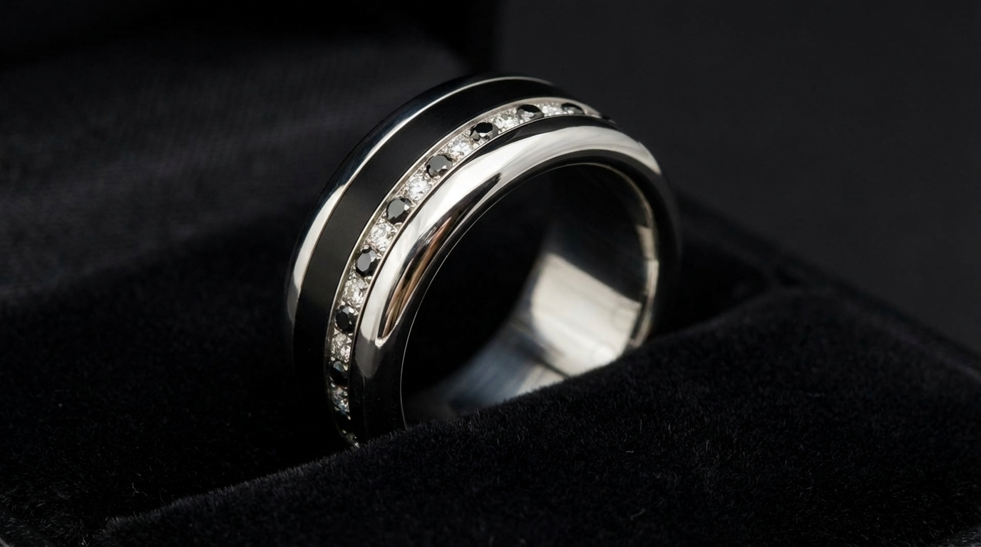 Anneau fin (medium) serti entièrement de diamants noirs et blancs 1.6mm taille 60 - Seconde main